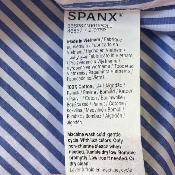 Spanx Poplin Tuxedo Shirt Postal Blue Narrow White Stripe Size Small new - Picture 9 of 13